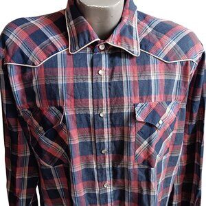 XL Vintage Cowboy Shirt Townsley Western Plaid Snap Red & Blue Gingham Thin 80s